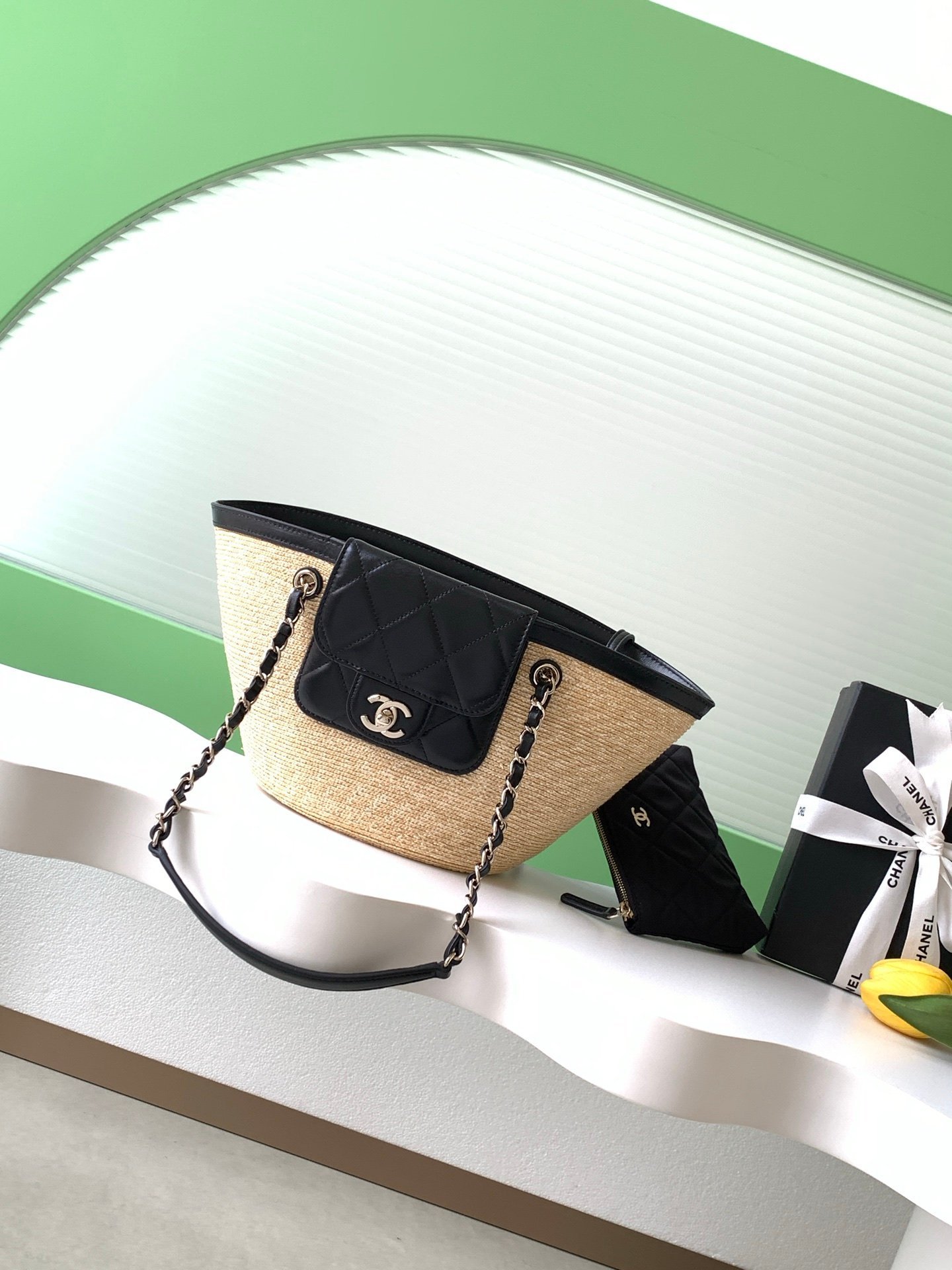 26C Raffia & Leather Paneled Basket Bag