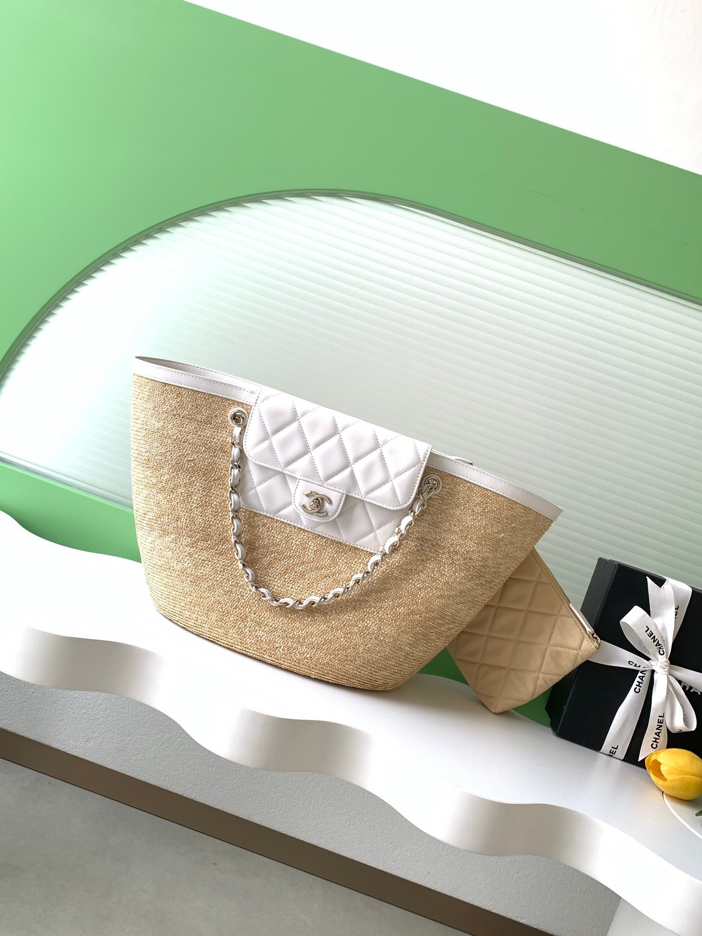 26C Raffia & Leather Paneled Basket Bag